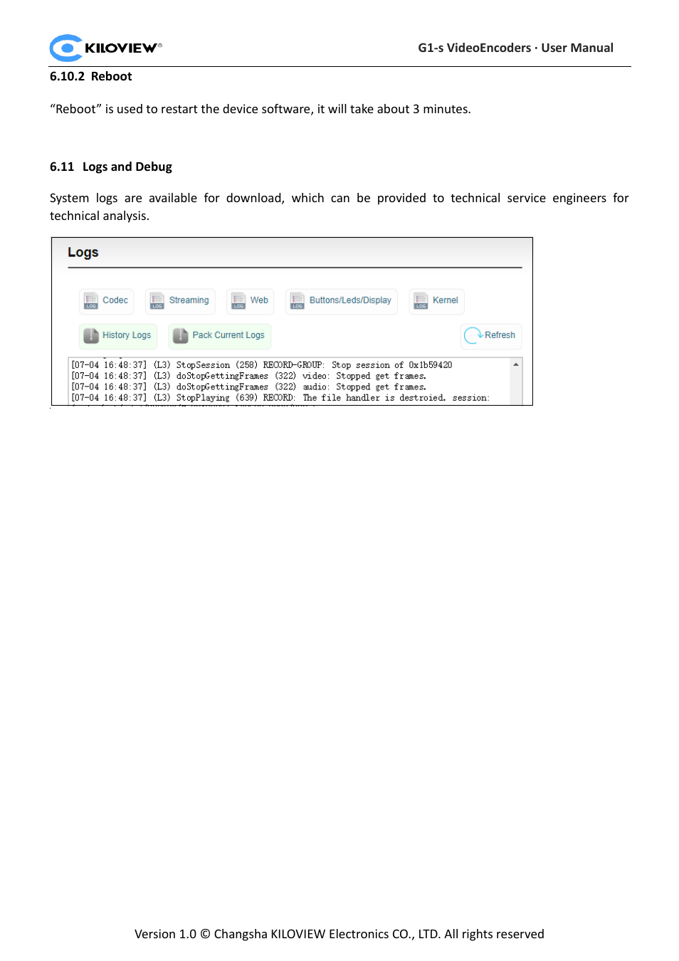 Reboot, Ogs and, Ebug | Kiloview 3G-SDI to H.264 Wireless Video Encoder User Manual | Page 48 / 50