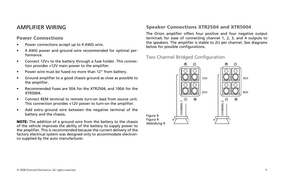 Amplifier wiring, Power connections, Two channel bridged configuration | Directed Audio XTR Amplifier XTR2504 User Manual | Page 10 / 102
