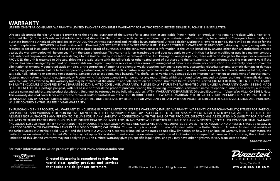 Warranty | Directed Audio XTR Amplifier XTR2504 User Manual | Page 102 / 102