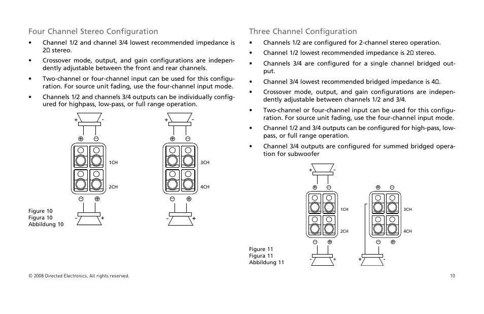 Four channel stereo configuration, Three channel configuration | Directed Audio XTR Amplifier XTR2504 User Manual | Page 11 / 102