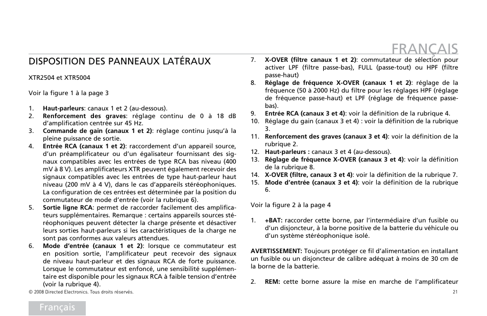 Français, Disposition des panneaux latéraux | Directed Audio XTR Amplifier XTR2504 User Manual | Page 22 / 102