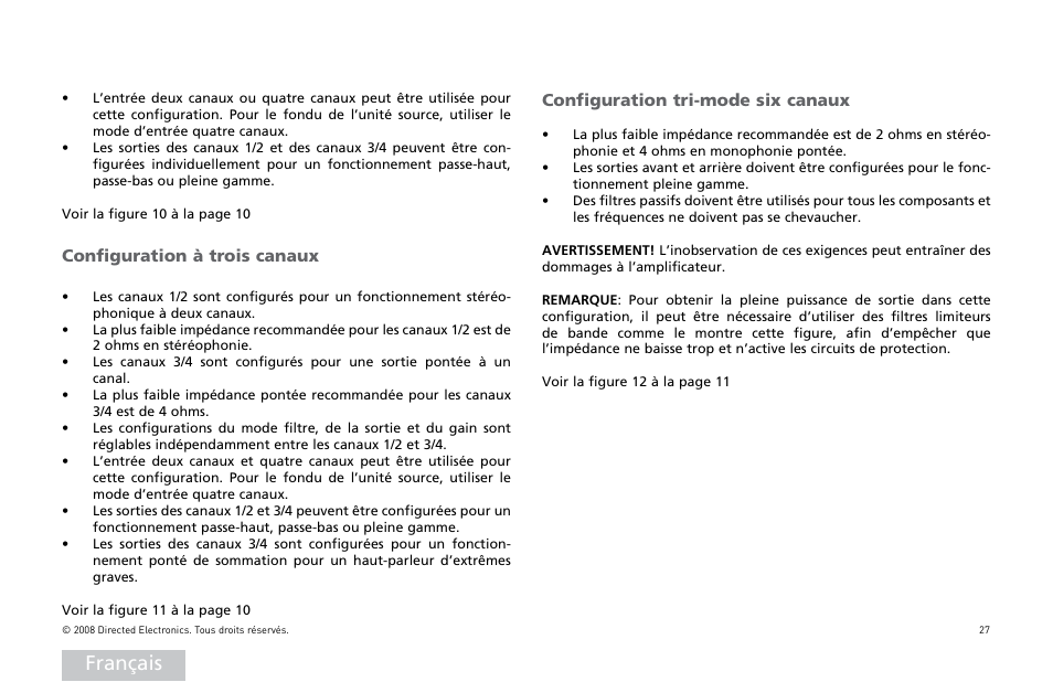 Français, Configuration à trois canaux, Configuration tri-mode six canaux | Directed Audio XTR Amplifier XTR2504 User Manual | Page 28 / 102