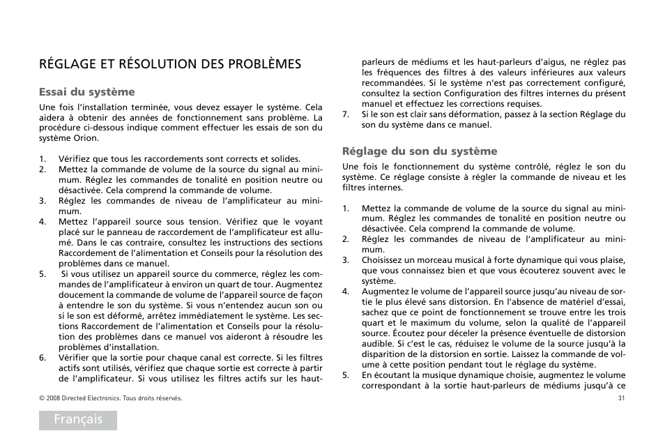 Français réglage et résolution des problèmes, Essai du système, Réglage du son du système | Directed Audio XTR Amplifier XTR2504 User Manual | Page 32 / 102