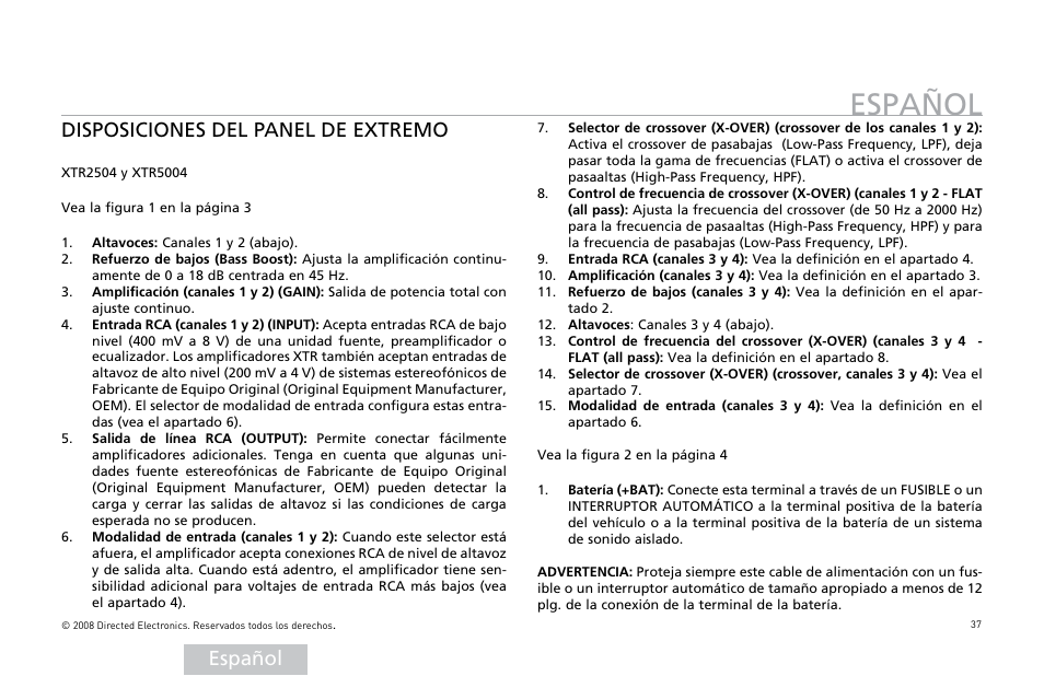 Español, Disposiciones del panel de extremo | Directed Audio XTR Amplifier XTR2504 User Manual | Page 38 / 102