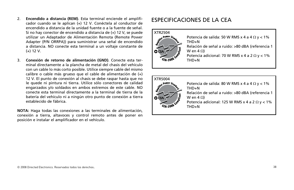 Especificaciones de la cea | Directed Audio XTR Amplifier XTR2504 User Manual | Page 39 / 102
