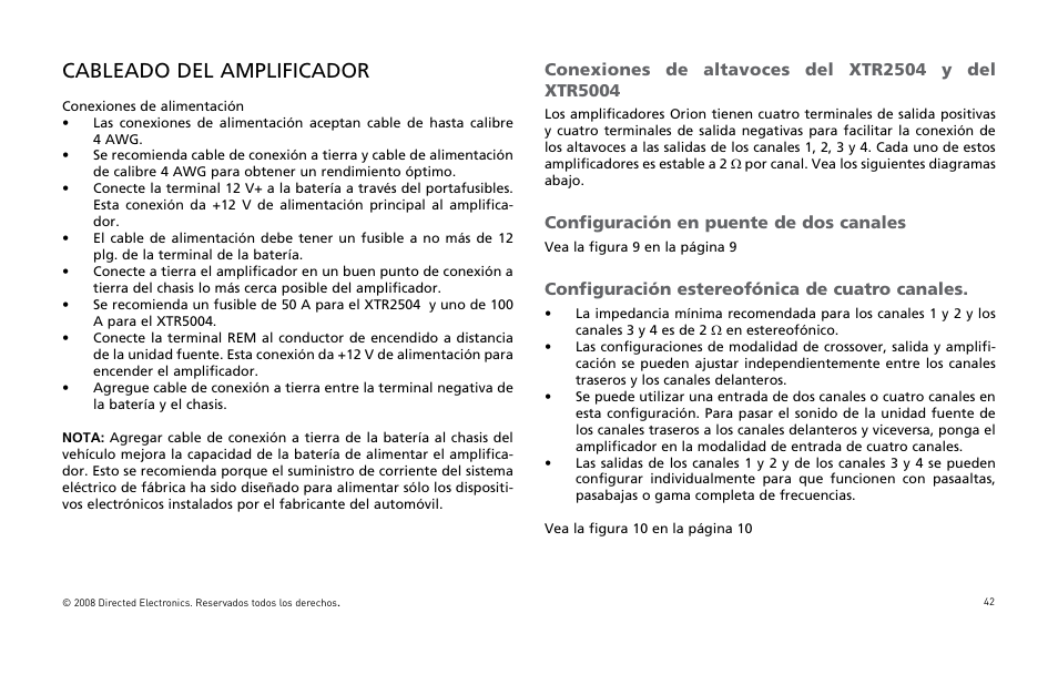 Cableado del amplificador, Configuración en puente de dos canales, Configuración estereofónica de cuatro canales | Directed Audio XTR Amplifier XTR2504 User Manual | Page 43 / 102