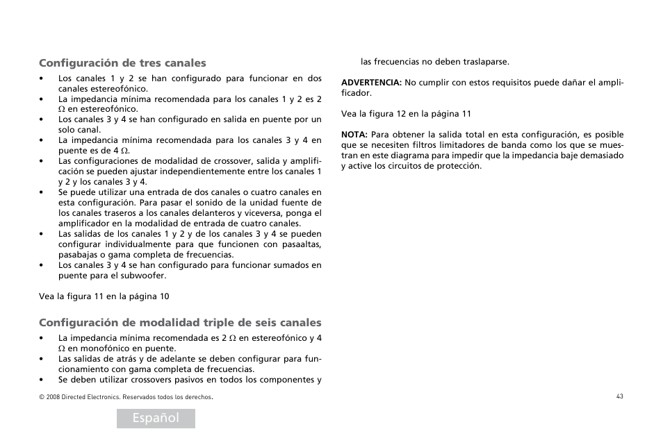 Español, Configuración de tres canales, Configuración de modalidad triple de seis canales | Directed Audio XTR Amplifier XTR2504 User Manual | Page 44 / 102