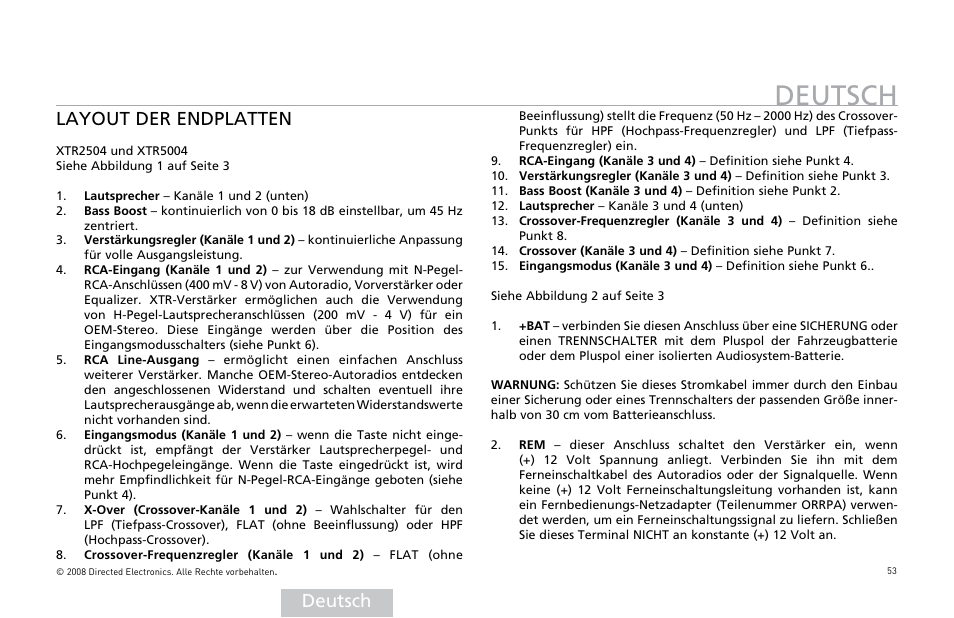 Deutsch, Deutsch layout der endplatten | Directed Audio XTR Amplifier XTR2504 User Manual | Page 54 / 102