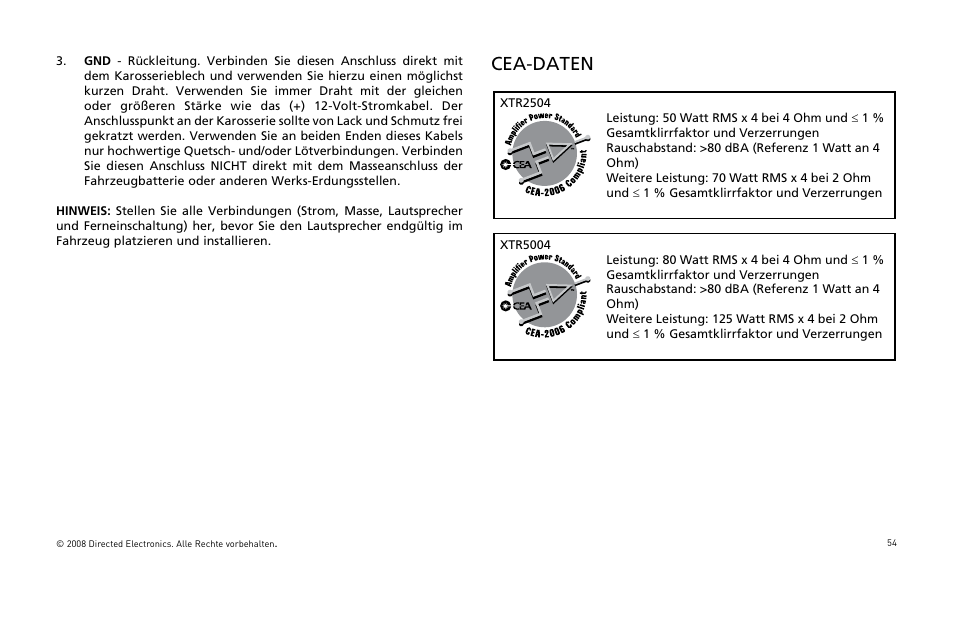 Cea-daten | Directed Audio XTR Amplifier XTR2504 User Manual | Page 55 / 102