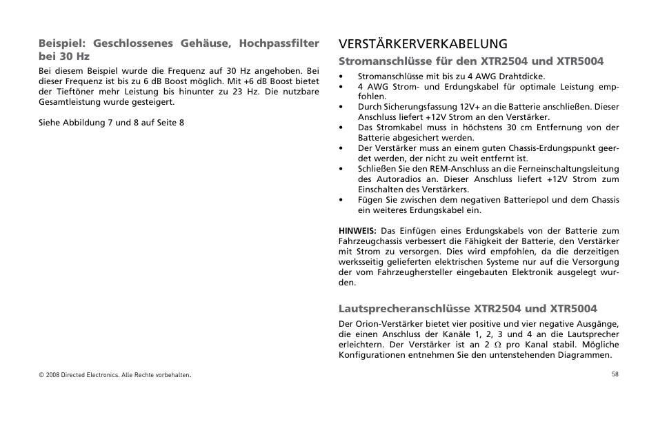 Verstärkerverkabelung | Directed Audio XTR Amplifier XTR2504 User Manual | Page 59 / 102