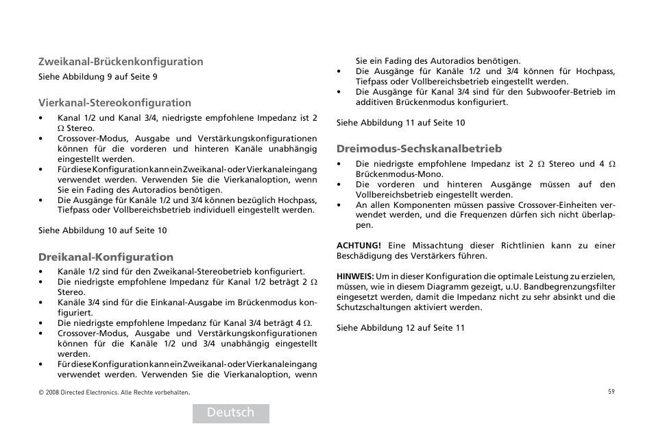 Deutsch, Zweikanal-brückenkonfiguration, Vierkanal-stereokonfiguration | Dreikanal-konfiguration, Dreimodus-sechskanalbetrieb | Directed Audio XTR Amplifier XTR2504 User Manual | Page 60 / 102