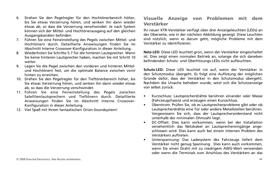 Visuelle anzeige von problemen mit dem verstärker | Directed Audio XTR Amplifier XTR2504 User Manual | Page 65 / 102