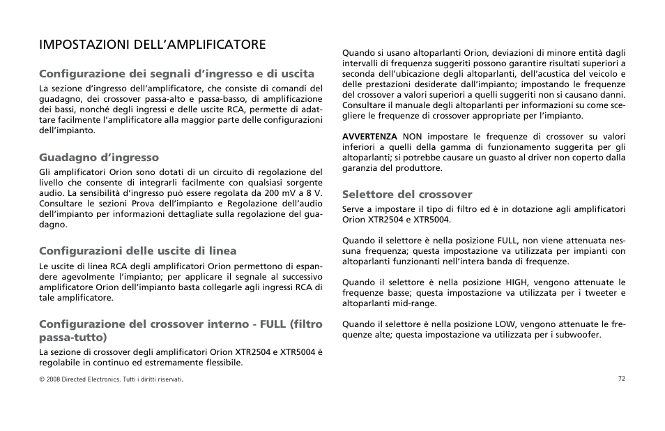 Impostazioni dell’amplificatore | Directed Audio XTR Amplifier XTR2504 User Manual | Page 73 / 102