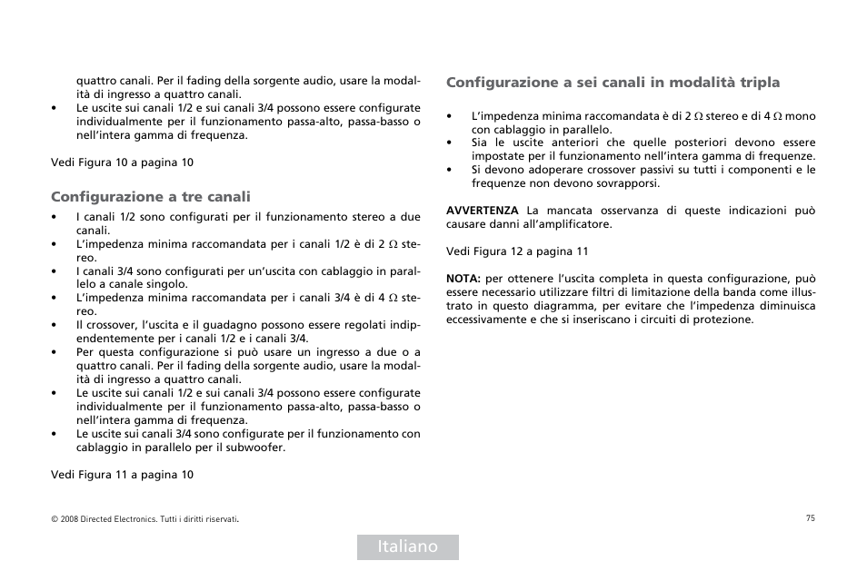 Italiano, Configurazione a tre canali, Configurazione a sei canali in modalità tripla | Directed Audio XTR Amplifier XTR2504 User Manual | Page 76 / 102