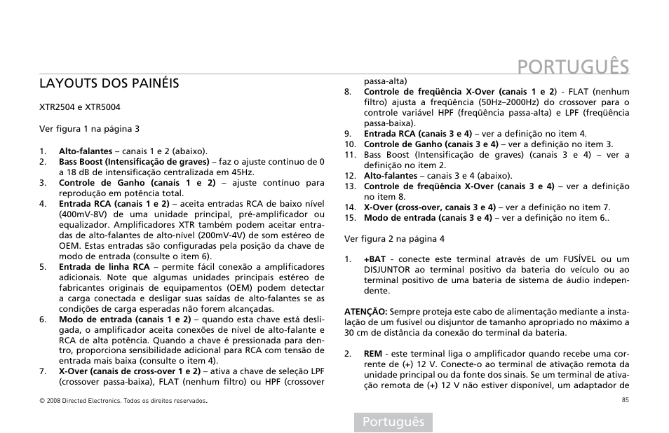 Português, Layouts dos painéis | Directed Audio XTR Amplifier XTR2504 User Manual | Page 86 / 102