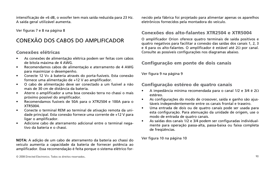 Conexão dos cabos do amplificador, Conexões elétricas, Configuração em ponte de dois canais | Configuração estéreo de quatro canais | Directed Audio XTR Amplifier XTR2504 User Manual | Page 91 / 102