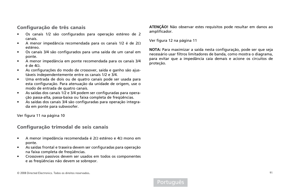 Português, Configuração de três canais, Configuração trimodal de seis canais | Directed Audio XTR Amplifier XTR2504 User Manual | Page 92 / 102