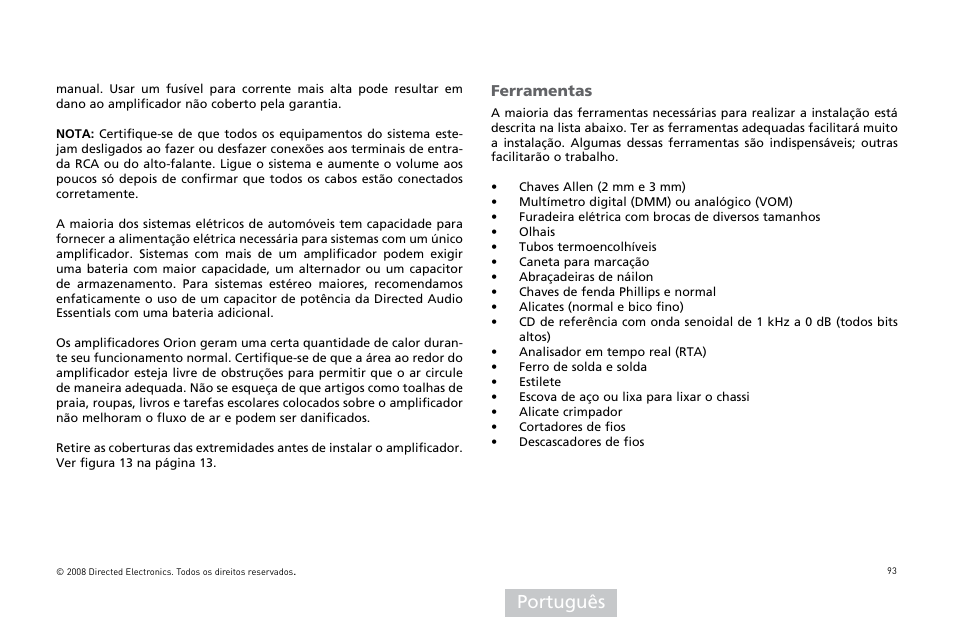 Português, Ferramentas | Directed Audio XTR Amplifier XTR2504 User Manual | Page 94 / 102