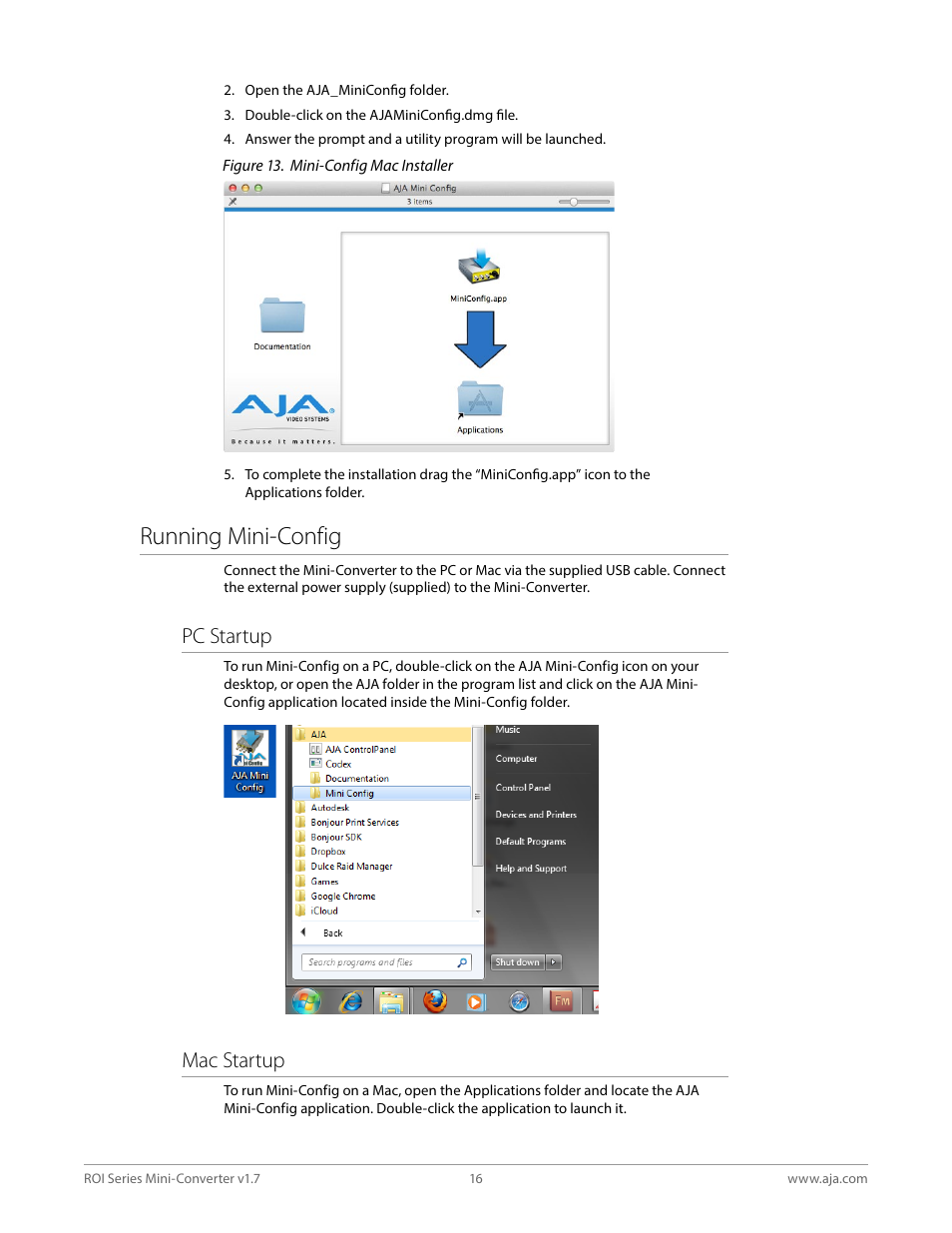 Running mini-config, Pc startup, Mac startup | AJA ROI DVI to SDI Mini-Converter User Manual | Page 16 / 54