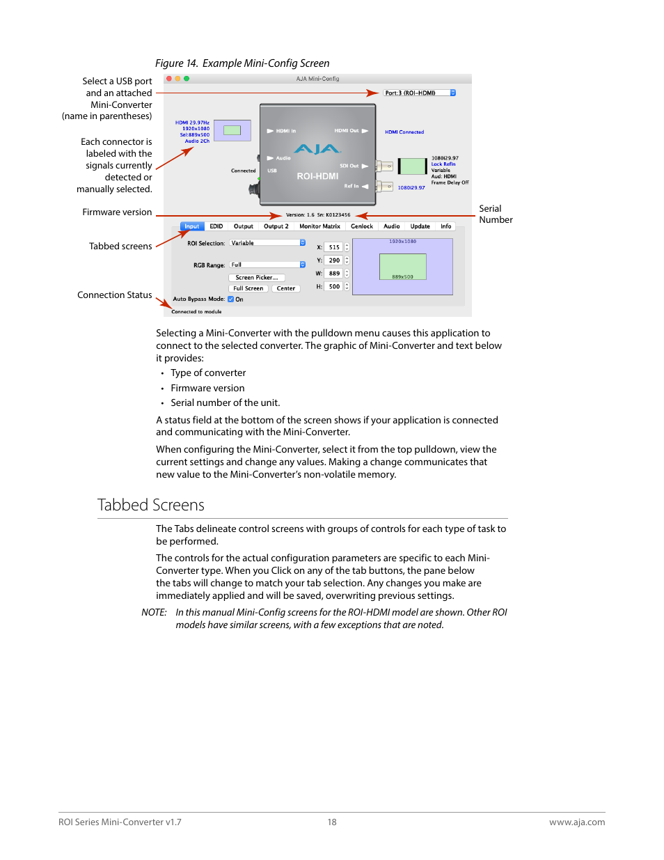 Tabbed screens | AJA ROI DVI to SDI Mini-Converter User Manual | Page 18 / 54