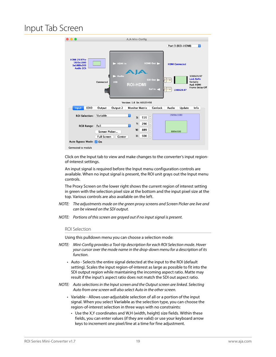 Input tab screen | AJA ROI DVI to SDI Mini-Converter User Manual | Page 19 / 54