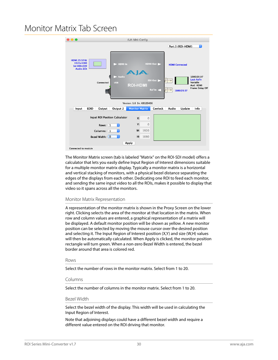 Monitor matrix tab screen | AJA ROI DVI to SDI Mini-Converter User Manual | Page 30 / 54