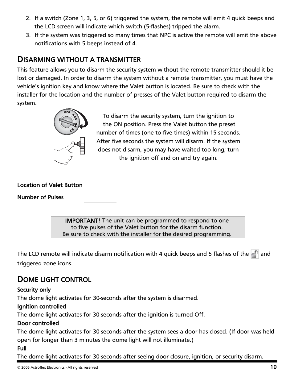 Disarming without a transmitter, Dome light control | Directed Audio 2 Way Security and Conveniece System VSS-204TW User Manual | Page 13 / 31