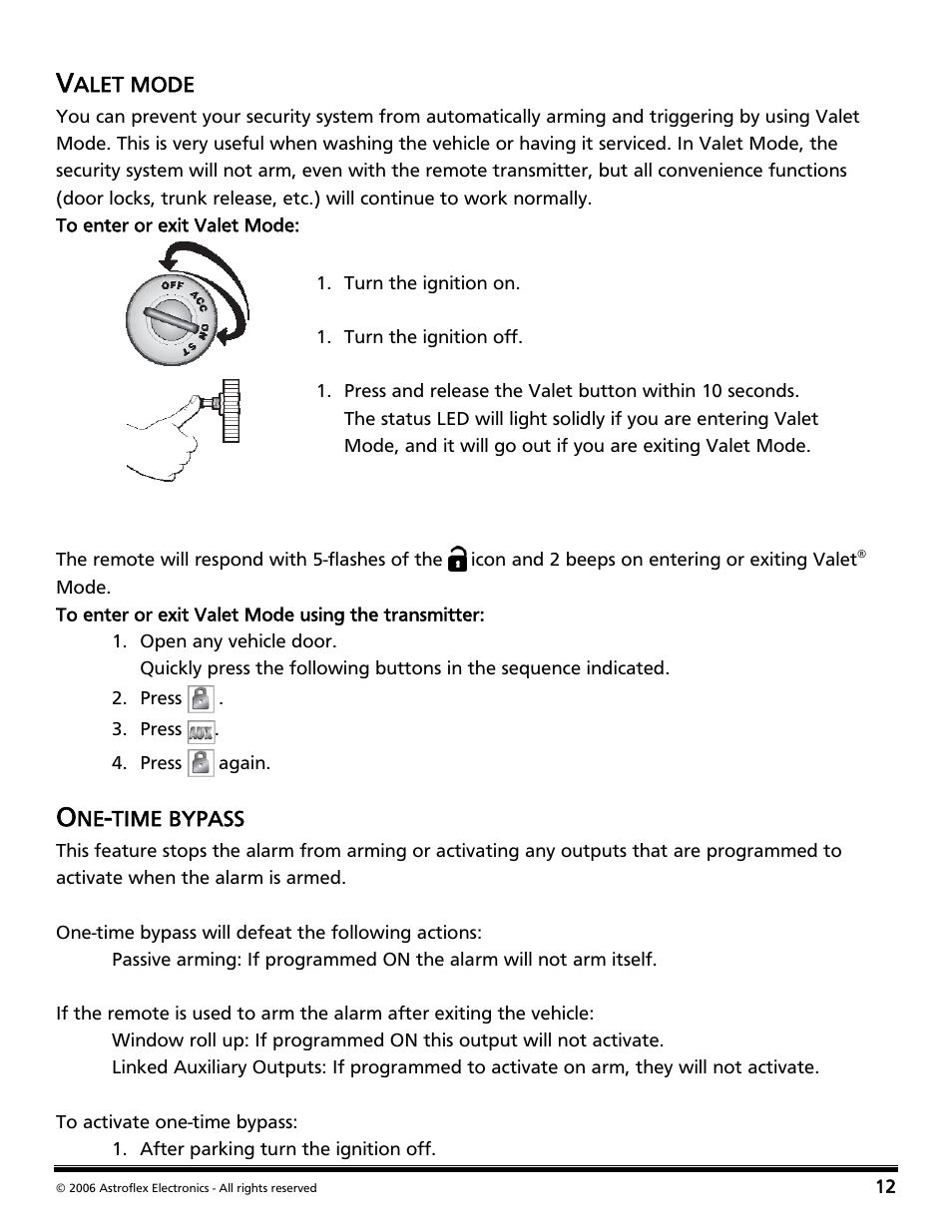 Valet mode, One-time bypass | Directed Audio 2 Way Security and Conveniece System VSS-204TW User Manual | Page 15 / 31
