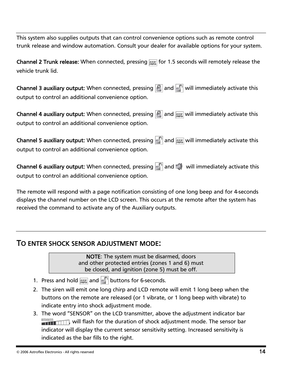 Auxiliary outputs (options), Shock sensor adjustment, To enter shock sensor adjustment mode | Shock sensor adjustment t | Directed Audio 2 Way Security and Conveniece System VSS-204TW User Manual | Page 17 / 31