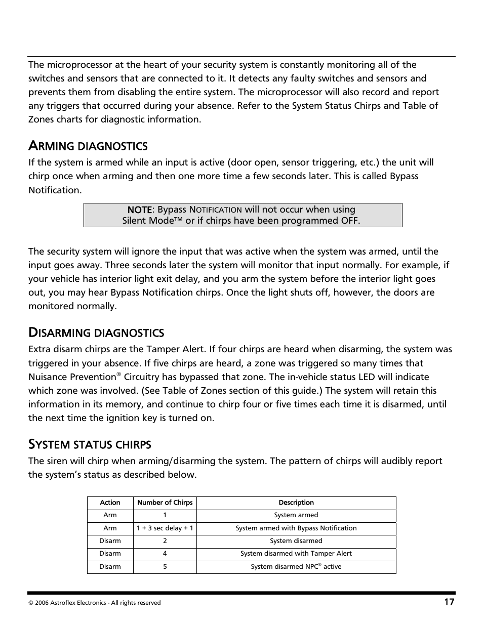 Diagnostics, Arming diagnostics, Disarming diagnostics | System status chirps, Rming diagnostics, Isarming diagnostics, Ystem status chirps | Directed Audio 2 Way Security and Conveniece System VSS-204TW User Manual | Page 20 / 31