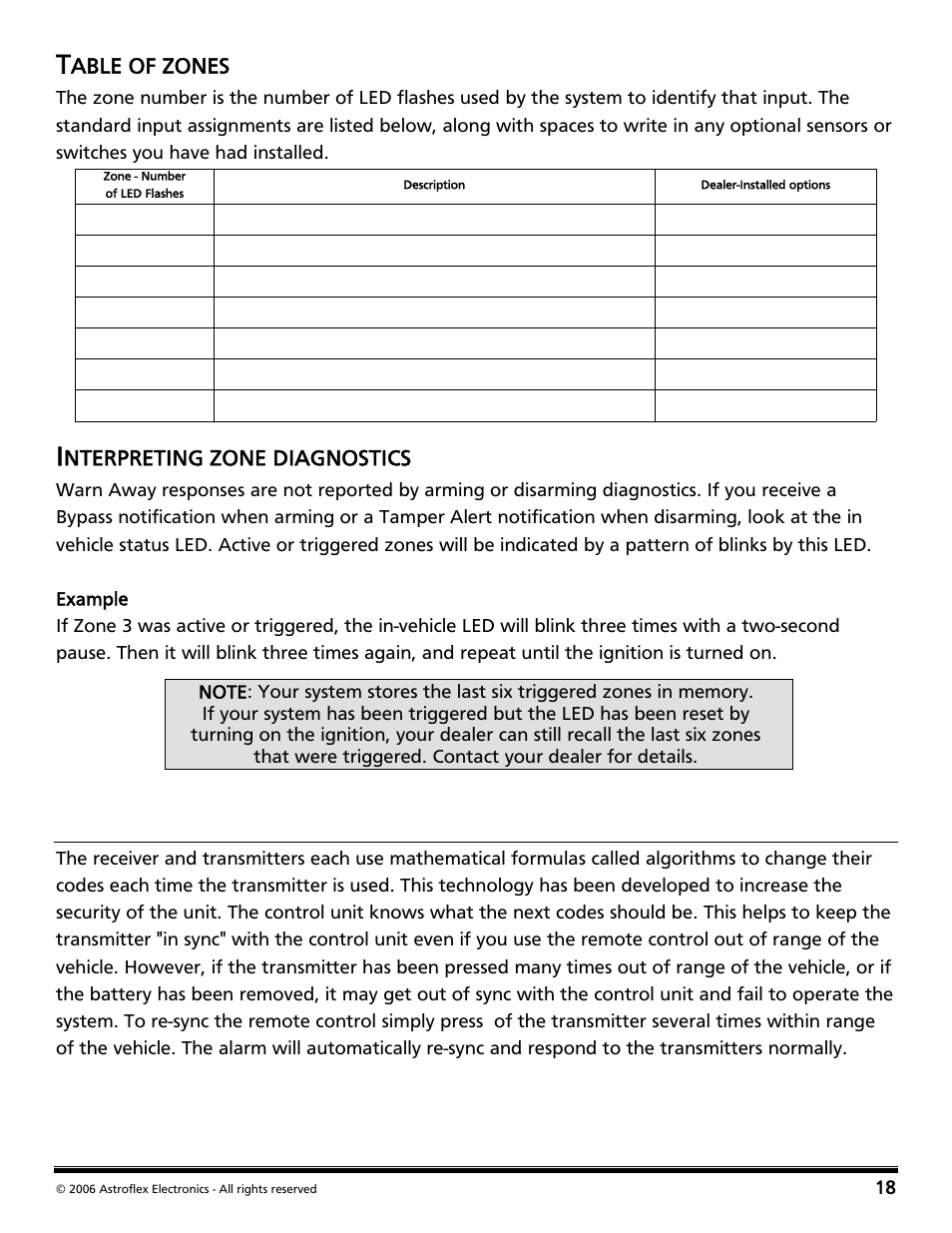 Table of zones, Interpreting zone diagnostics, Code hopping | Able of zones, Nterpreting zone diagnostics | Directed Audio 2 Way Security and Conveniece System VSS-204TW User Manual | Page 21 / 31