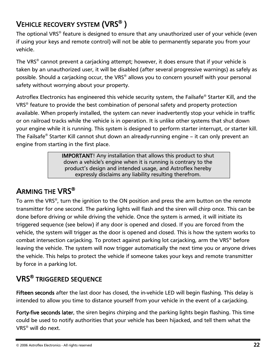 Vehicle recovery system (vrs® ), Arming the vrs, Vrs® triggered sequence | Vehicle recovery system (vrs, Triggered sequence | Directed Audio 2 Way Security and Conveniece System VSS-204TW User Manual | Page 25 / 31