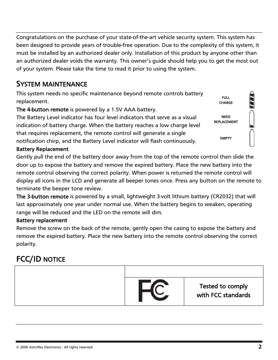 Important information, System maintenance, Fcc/id notice | Fcc/id, Directed electronics, inc | Directed Audio 2 Way Security and Conveniece System VSS-204TW User Manual | Page 5 / 31