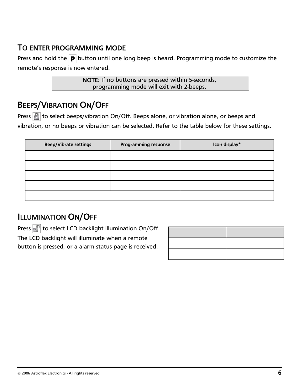 Programming lcd remote, To enter programming mode, Beeps/vibration on/off | Illumination on/off, Programming lcd remote t | Directed Audio 2 Way Security and Conveniece System VSS-204TW User Manual | Page 9 / 31