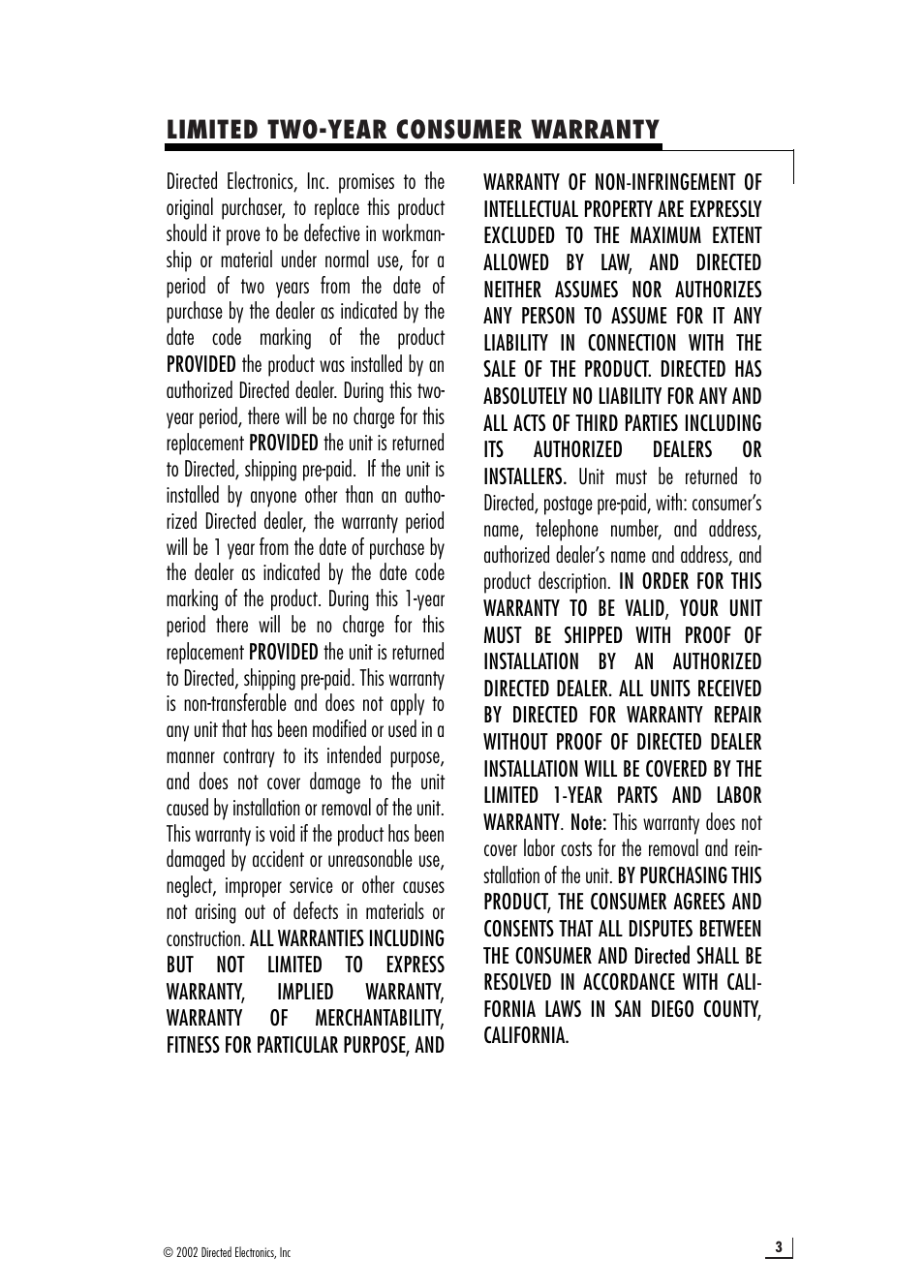 Limited two-year consumer warranty | Directed Audio 2150 User Manual | Page 3 / 12