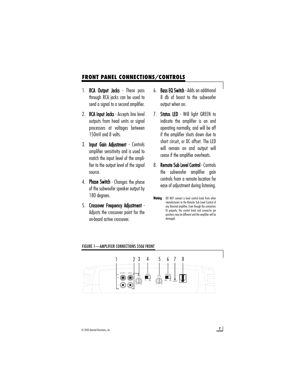 Front panel connections/controls | Directed Audio 350d User Manual | Page 7 / 12