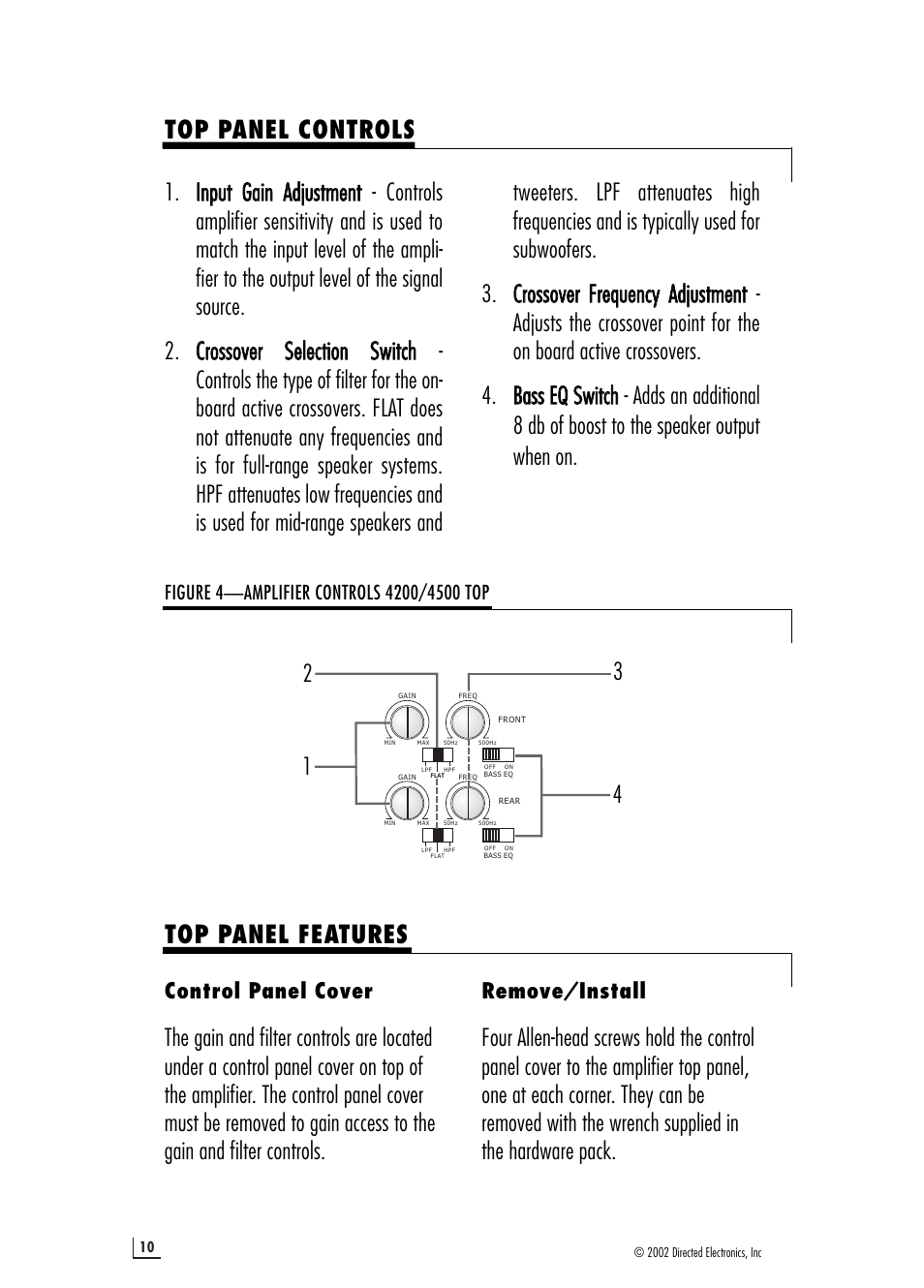 Top panel controls, Top panel features, Control panel cover | Remove/install | Directed Audio Model 4200 4500 User Manual | Page 10 / 16