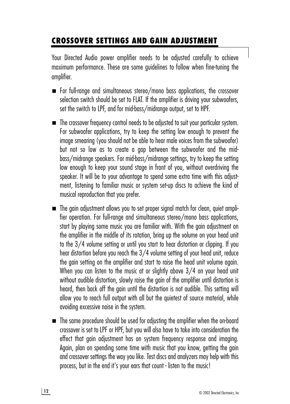 Crossover settings and gain adjustment | Directed Audio Model 4200 4500 User Manual | Page 12 / 16