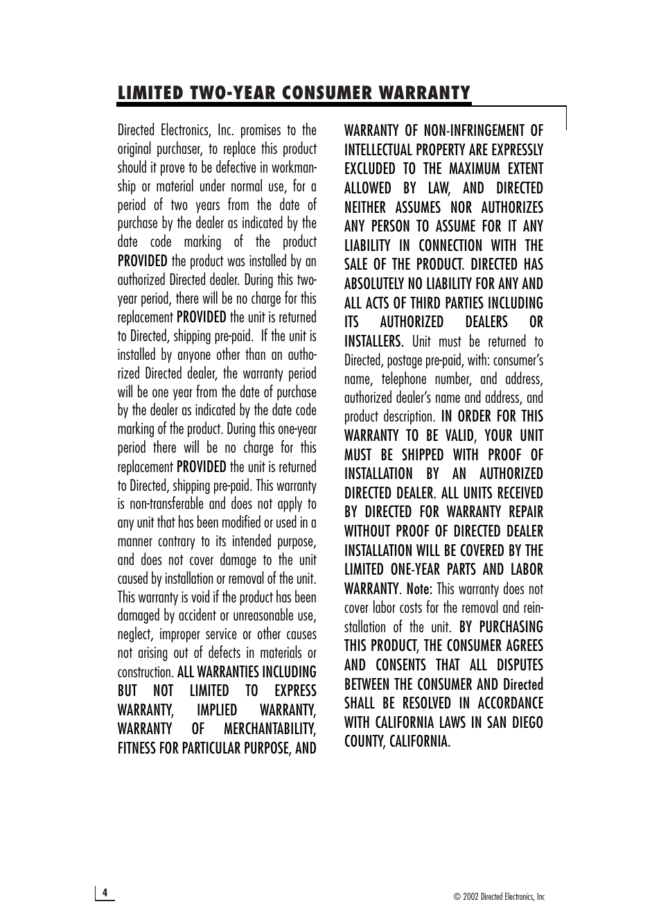 Limited two-year consumer warranty | Directed Audio Model 4200 4500 User Manual | Page 4 / 16