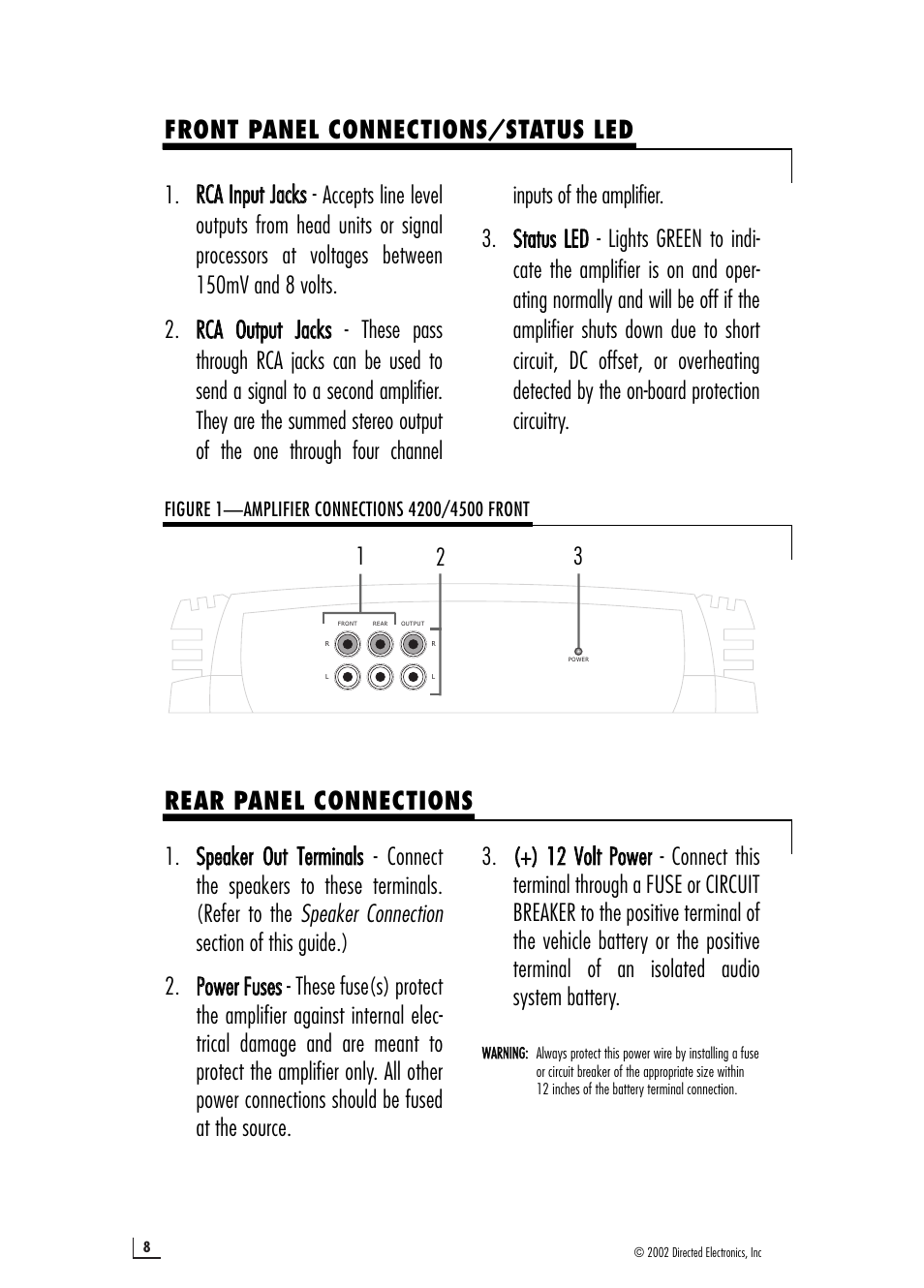 Rear panel connections, Front panel connections/status led | Directed Audio Model 4200 4500 User Manual | Page 8 / 16