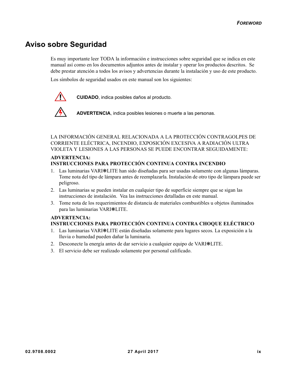 Aviso sobre seguridad | VARI-LITE VL6000 Beam User Manual | Page 11 / 103