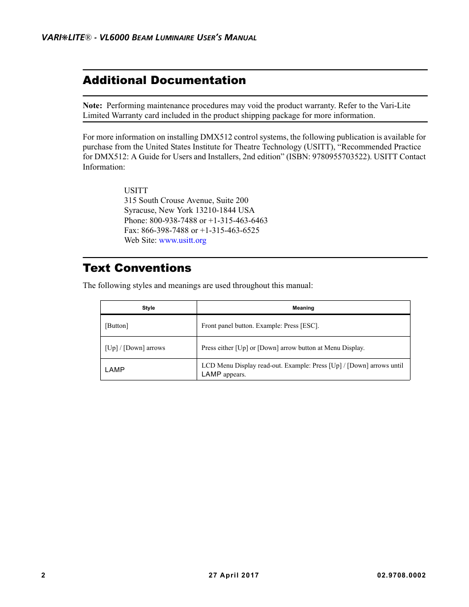 Additional documentation, Text conventions, Additional documentation text conventions | VARI-LITE VL6000 Beam User Manual | Page 20 / 103