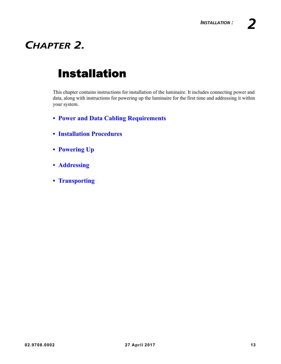 Installation, Ter 2. installation, Hapter | VARI-LITE VL6000 Beam User Manual | Page 31 / 103