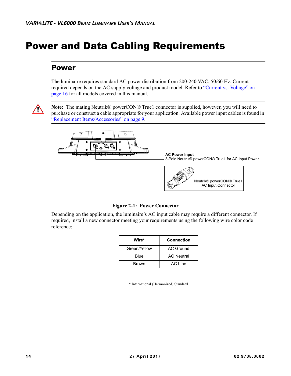 Power and data cabling requirements, Power | VARI-LITE VL6000 Beam User Manual | Page 32 / 103