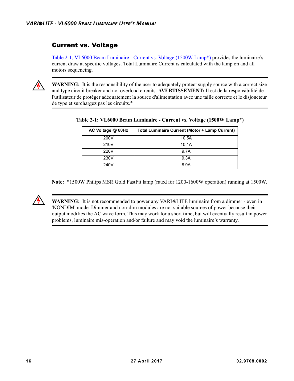Current vs. voltage, Current vs. voltage” on | VARI-LITE VL6000 Beam User Manual | Page 34 / 103