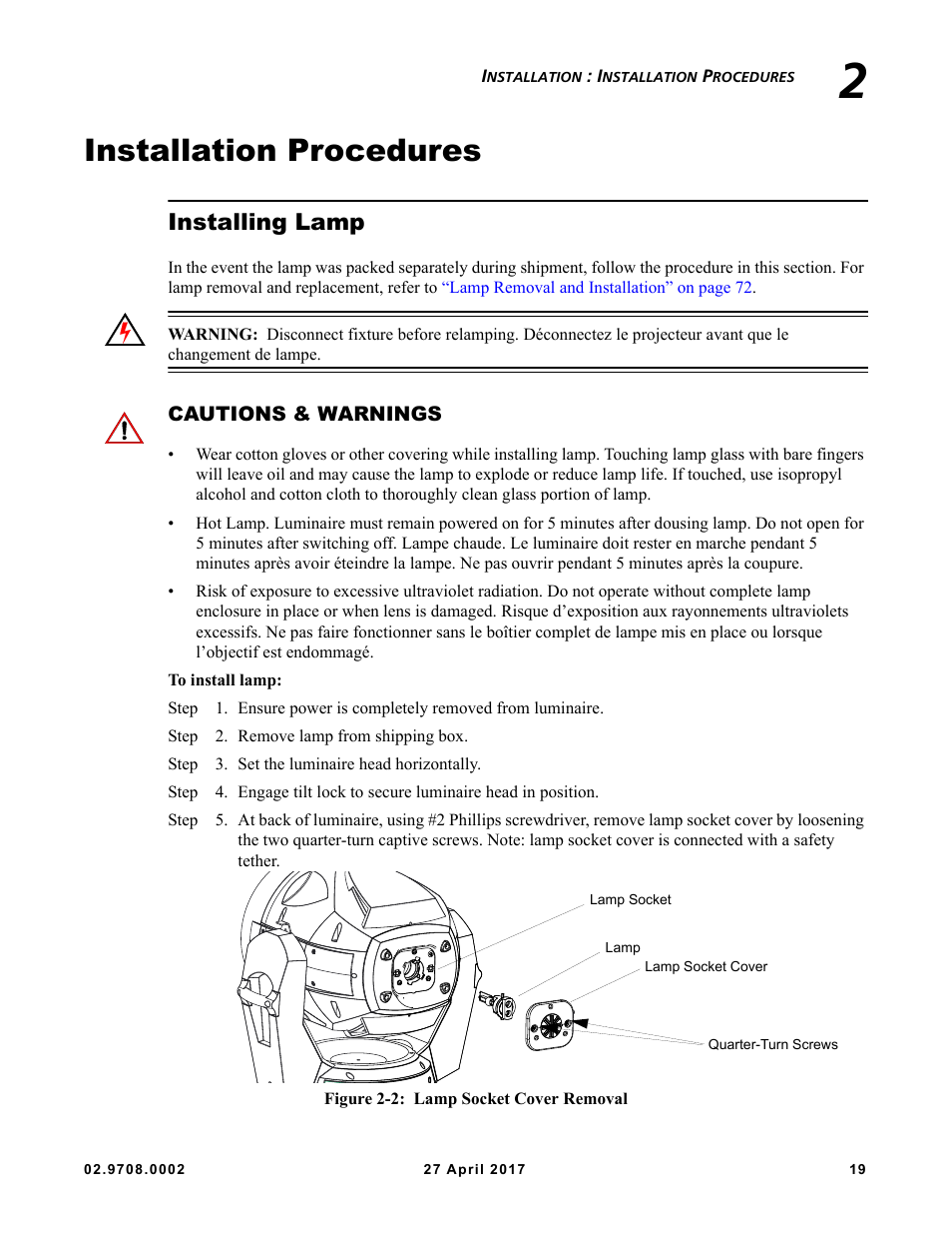 Installation procedures, Installing lamp, Cautions & warnings | VARI-LITE VL6000 Beam User Manual | Page 37 / 103