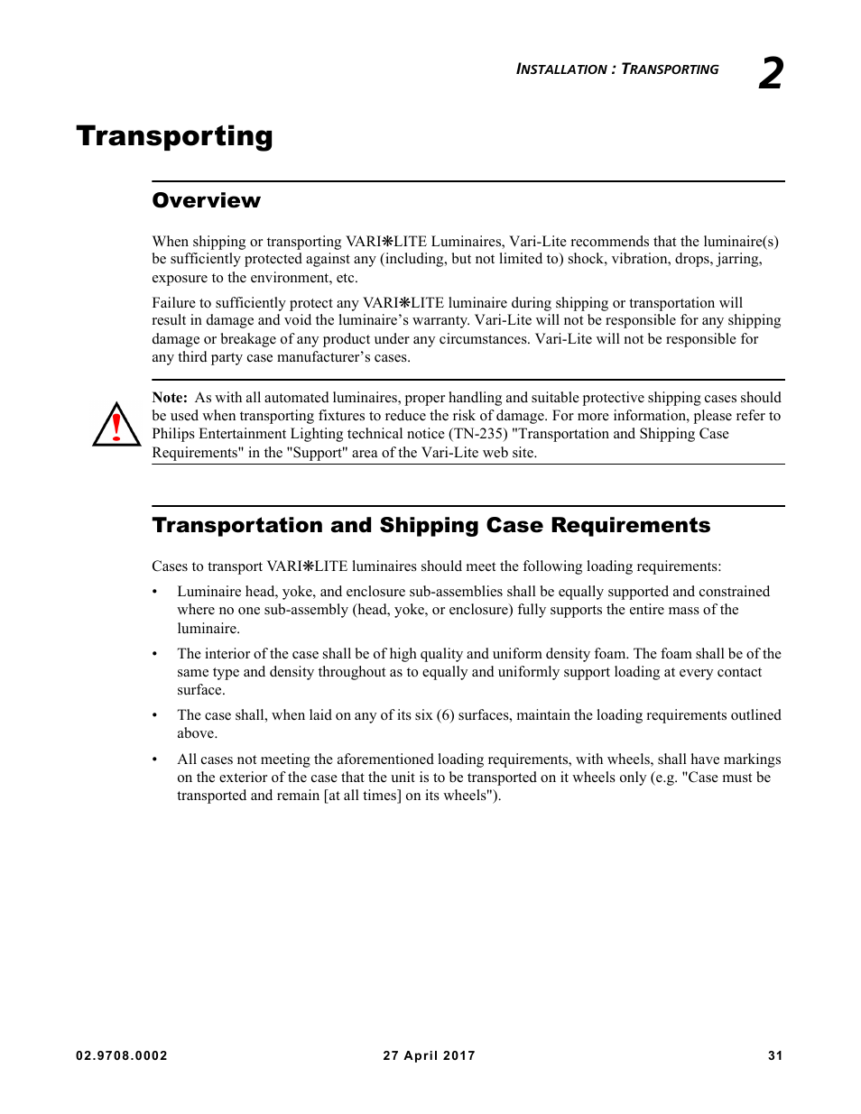 Transporting, Overview, Transportation and shipping case requirements | VARI-LITE VL6000 Beam User Manual | Page 49 / 103