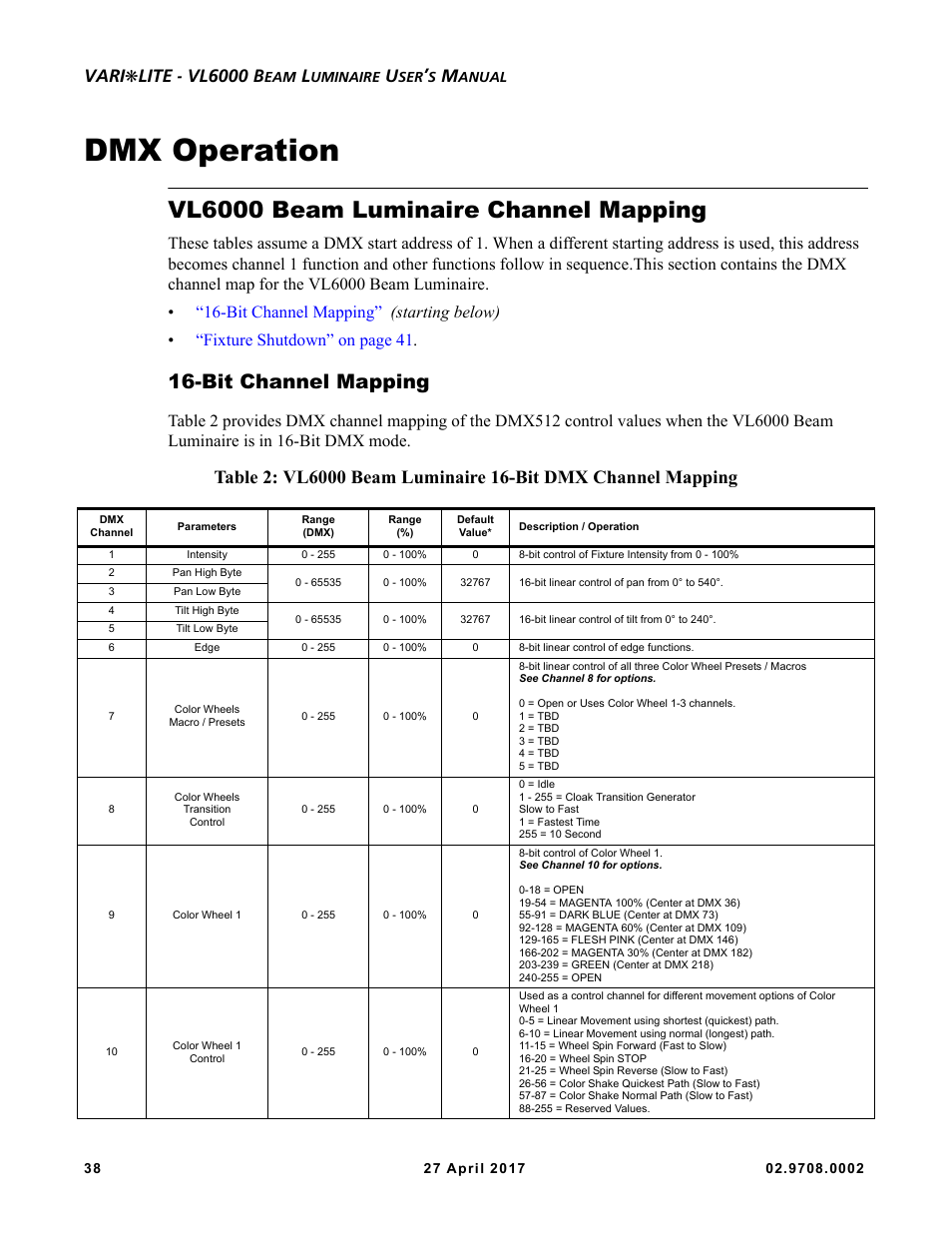 Dmx operation, Vl6000 beam luminaire channel mapping, Bit channel mapping | Vari, Lite - vl6000 b | VARI-LITE VL6000 Beam User Manual | Page 56 / 103