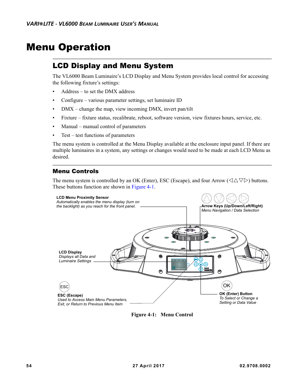 Menu operation, Lcd display and menu system, Menu controls | Lcd display and menu system menu controls, Vari, Lite - vl6000 b | VARI-LITE VL6000 Beam User Manual | Page 72 / 103