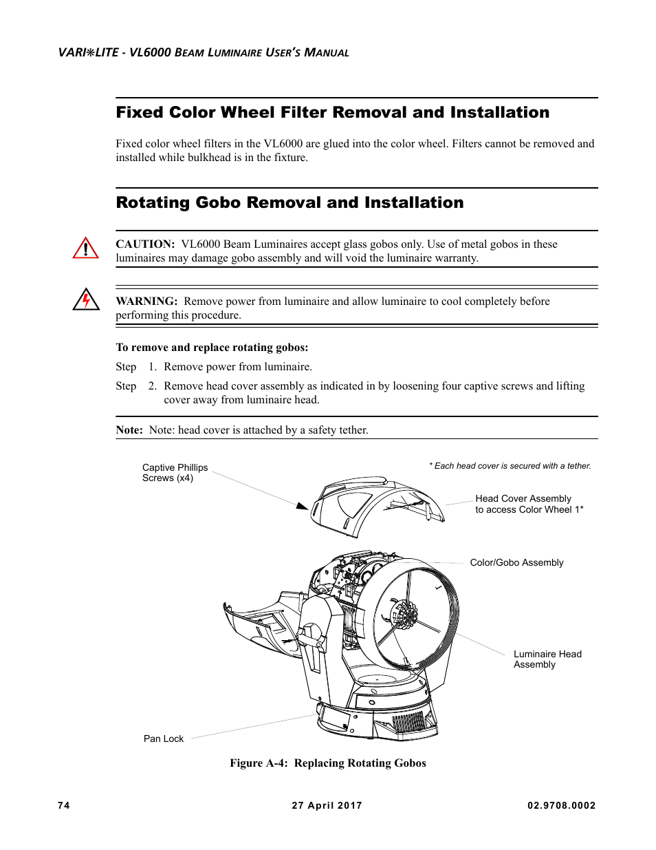 Fixed color wheel filter removal and installation, Rotating gobo removal and installation | VARI-LITE VL6000 Beam User Manual | Page 92 / 103